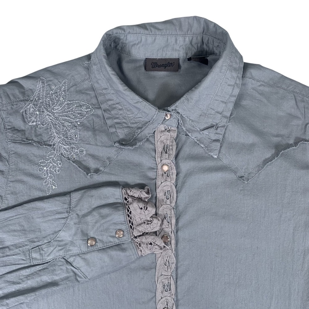 Wrangler Western Shirt Womens L Grey Floral Embroidered Lace Trim Pearl Snap